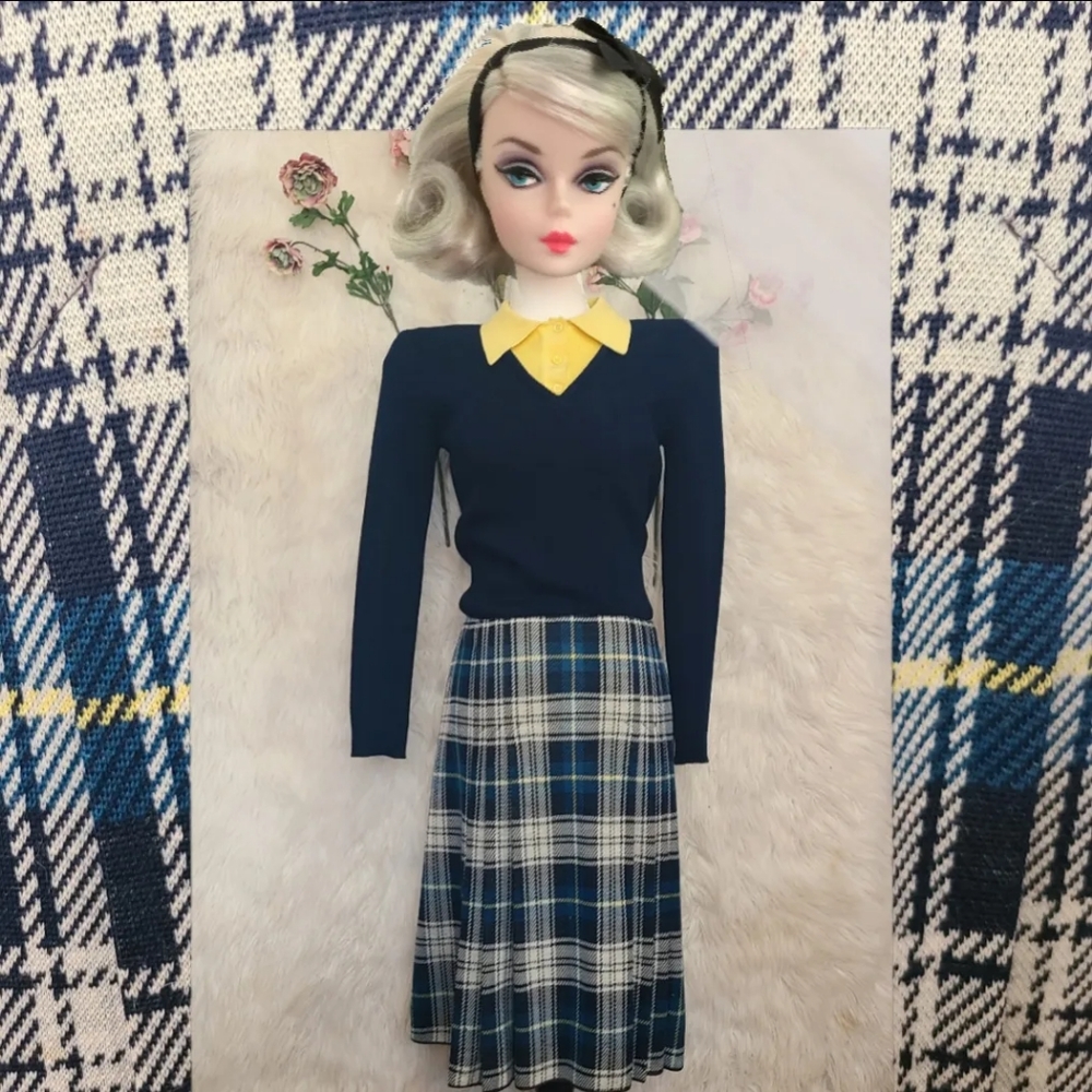 VINTAGE- 1970 Plaid Blue and Yellow School girl Outfit Dress